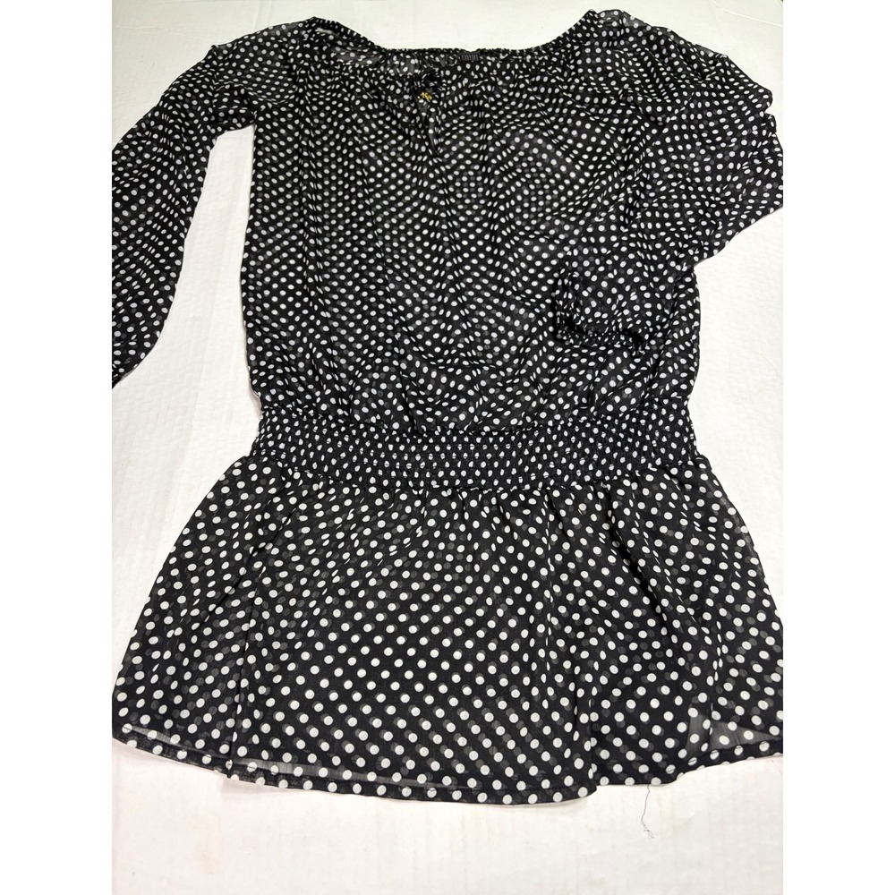 Jones New York Sheer Polka Dot Blouse Black White Smocked Waist Long Sleeve M